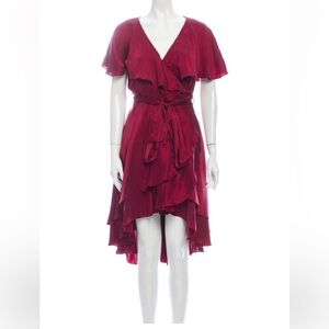 Zimmermann Burgundy Ruffled Silk Hi-Low Wrap Dress